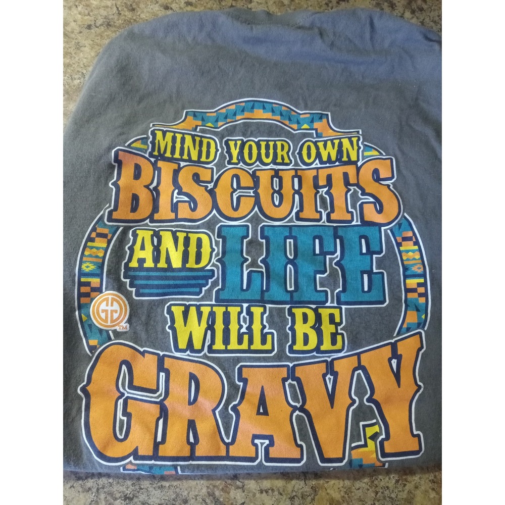Girlie Girl Originals Mind Your Own Biscuits Gray Graphic T-Shirt Small